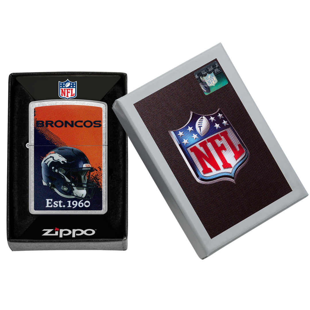 Zippo NFL Denver Broncos Helmet Design Street Chrome Windproof Lighter in its packaging.