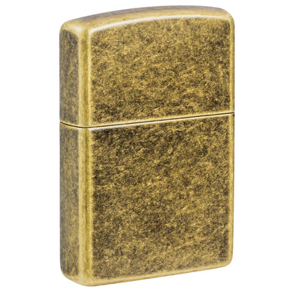 Back view of Zippo Etched Mountains Design Antique Brass Windproof Lighter standing at a 3/4 angle.
