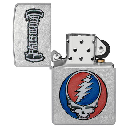 Zippo Grateful Dead Steal Your Face Design Street Chrome Windproof Lighter with its lid open and unlit.