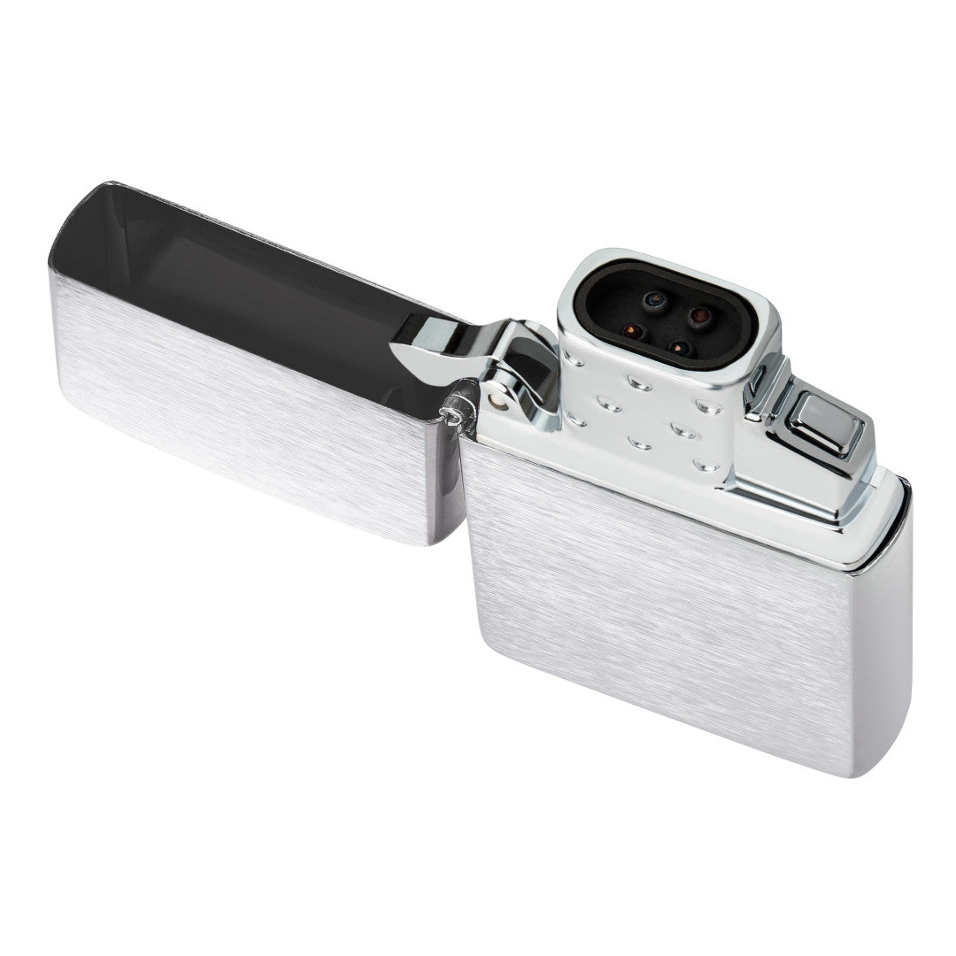 Top view of Zippo Double Arc Rechargeable Lighter Insert standing at a 3/4 angle inserted into a Classic Brushed Chrome Case (not included).