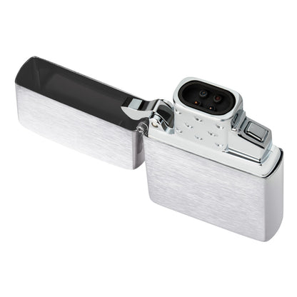 Top view of Zippo Double Arc Rechargeable Lighter Insert standing at a 3/4 angle inserted into a Classic Brushed Chrome Case (not included).