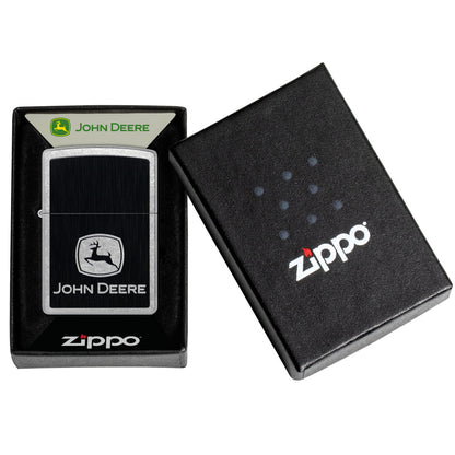 Zippo John Deere Chrome Logo Design Street Chrome Windproof Lighter in its packaging.