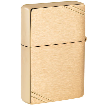 Back view of Zippo Everything's Fine Design Vintage Brushed Brass Windproof Lighter standing at a 3/4 angle.
