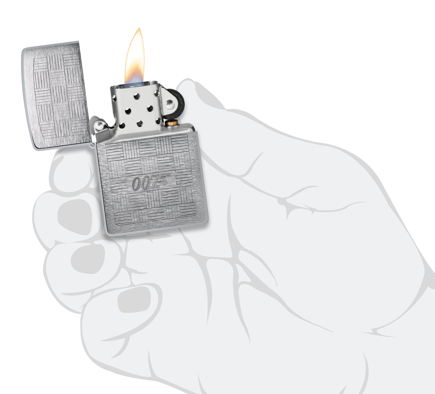 Zippo James Bond® Tuxedo Design Brushed Chrome Windproof Lighter lit in hand.