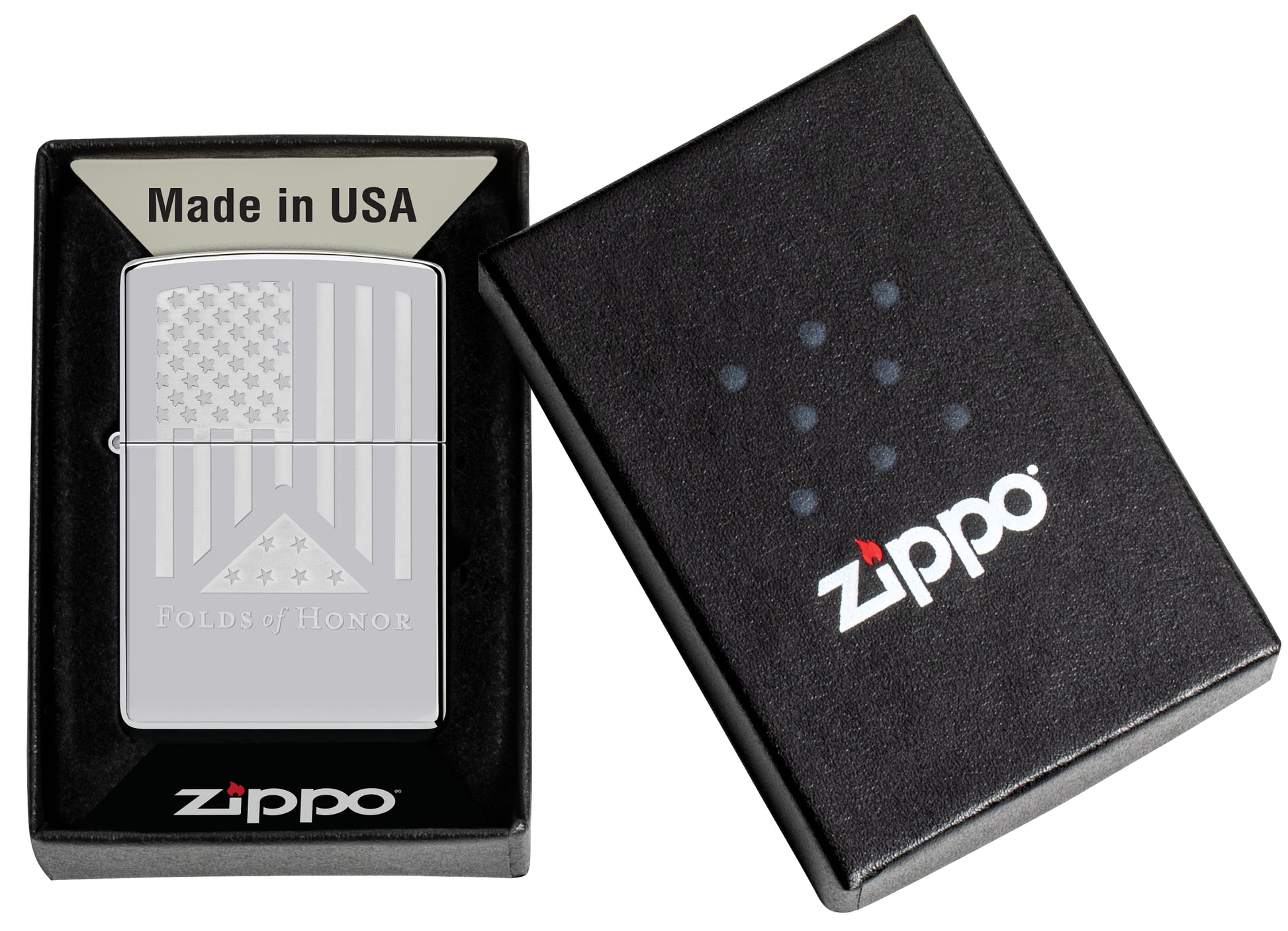 Zippo Folds of Honor Etched Flag Design High Polish Chrome Windproof Lighter in its packaging.