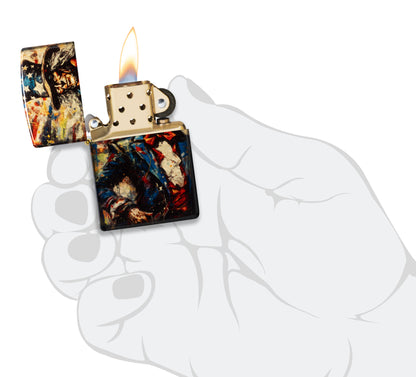 Zippo Uncle Sam Fusion Design 540 Tumbled Brass Windproof Lighter lit in hand.