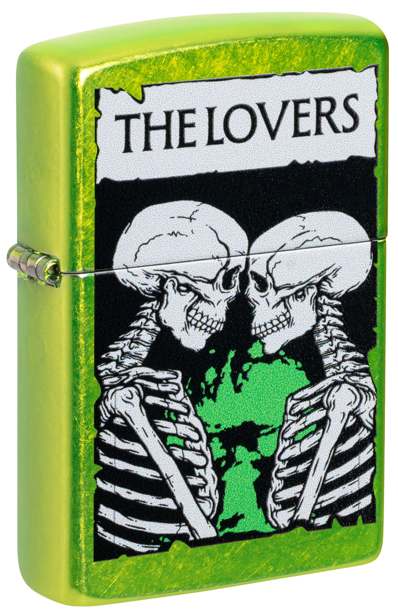 Front shot of Zippo The Lovers Design Lurid Windproof Lighter standing at a 3/4 angle.