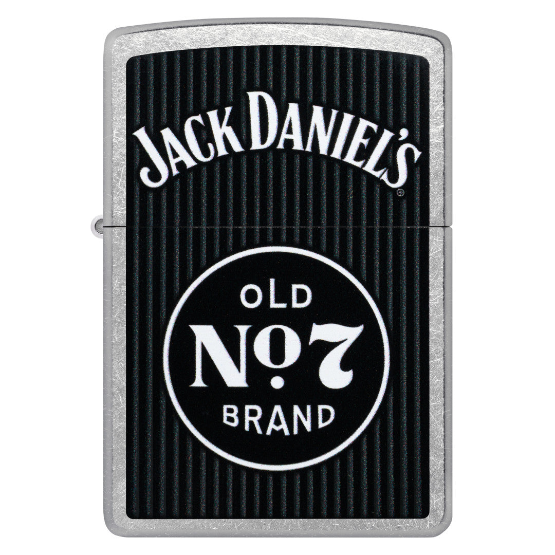 Front view of Zippo Jack Daniel's Old No. 7 Pinstripe Design Street Chrome Windproof Lighter.
