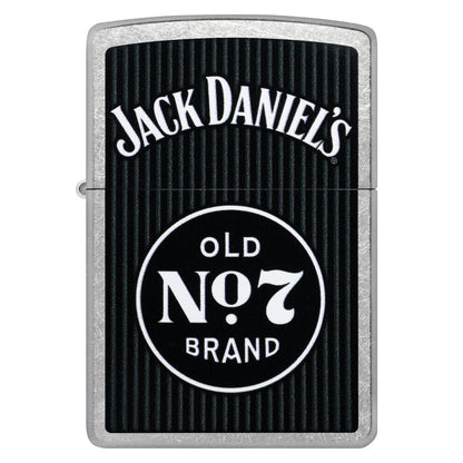 Front view of Zippo Jack Daniel's Old No. 7 Pinstripe Design Street Chrome Windproof Lighter.