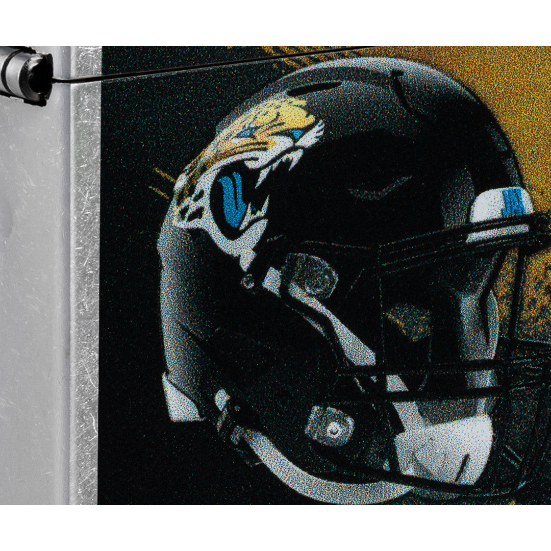Front view of Zippo NFL Jacksonville Jaguars Helmet Design Street Chrome Windproof Lighter close up to show the detail of the lighter.
