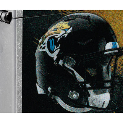 Front view of Zippo NFL Jacksonville Jaguars Helmet Design Street Chrome Windproof Lighter close up to show the detail of the lighter.