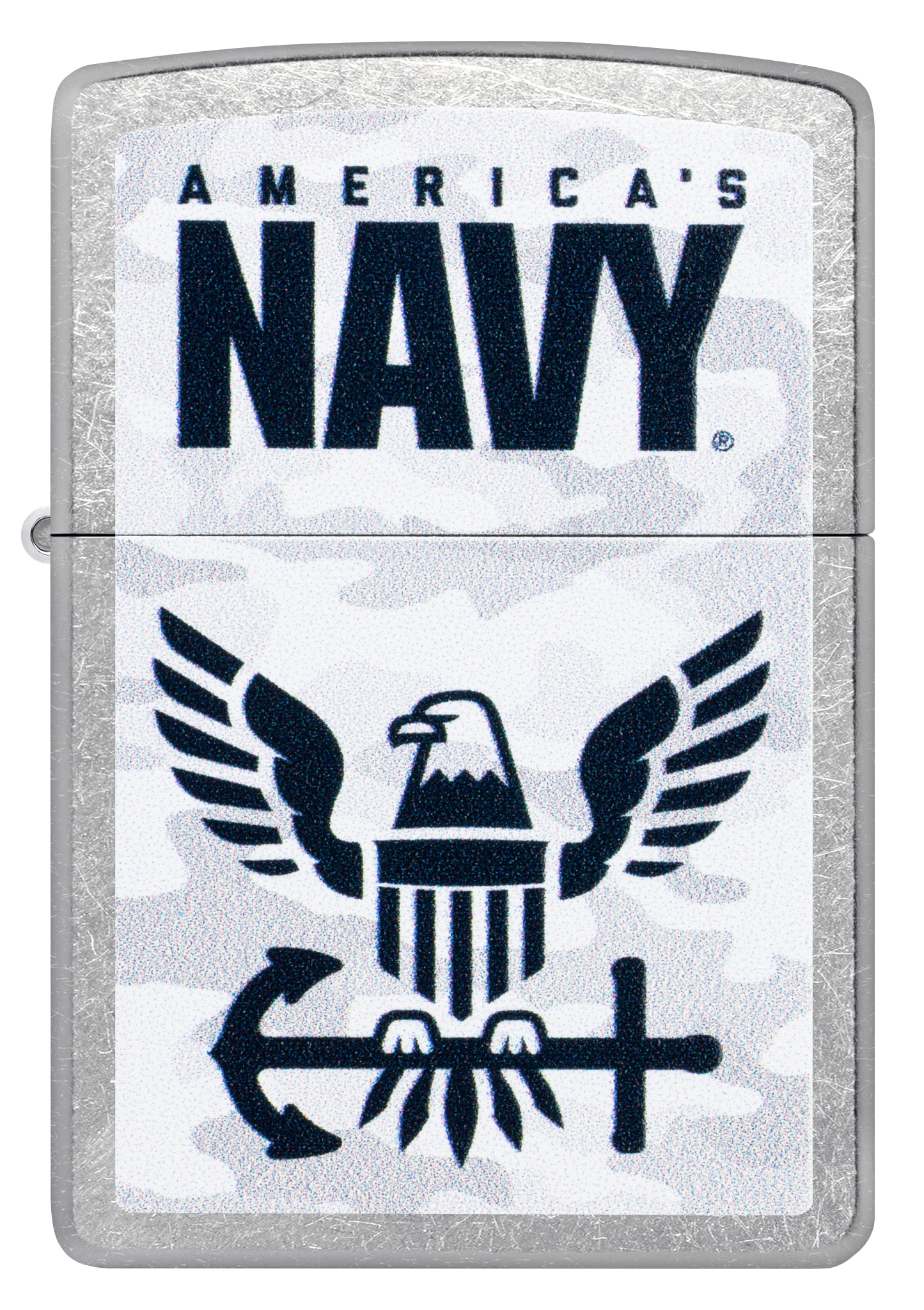 Front view of Zippo United States Navy® Camo Logo Design Street Chrome Windproof Lighter.
