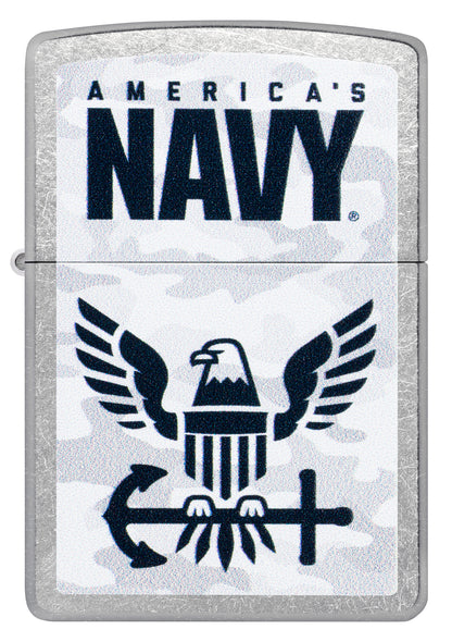 Front view of Zippo United States Navy® Camo Logo Design Street Chrome Windproof Lighter.