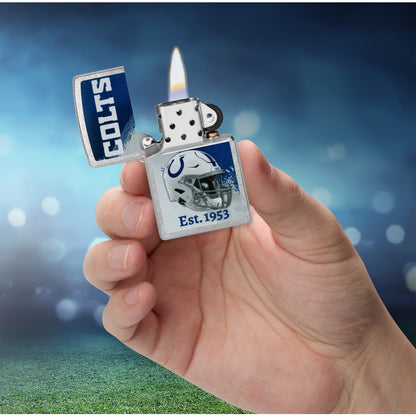 Zippo NFL Indianapolis Colts Helmet Design Street Chrome Windproof Lighter lit in hand.