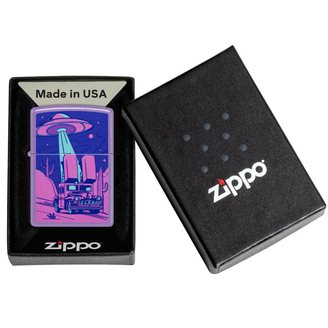 Zippo Car Chase Design Smoky Lavender Windproof Lighter in its packaging.