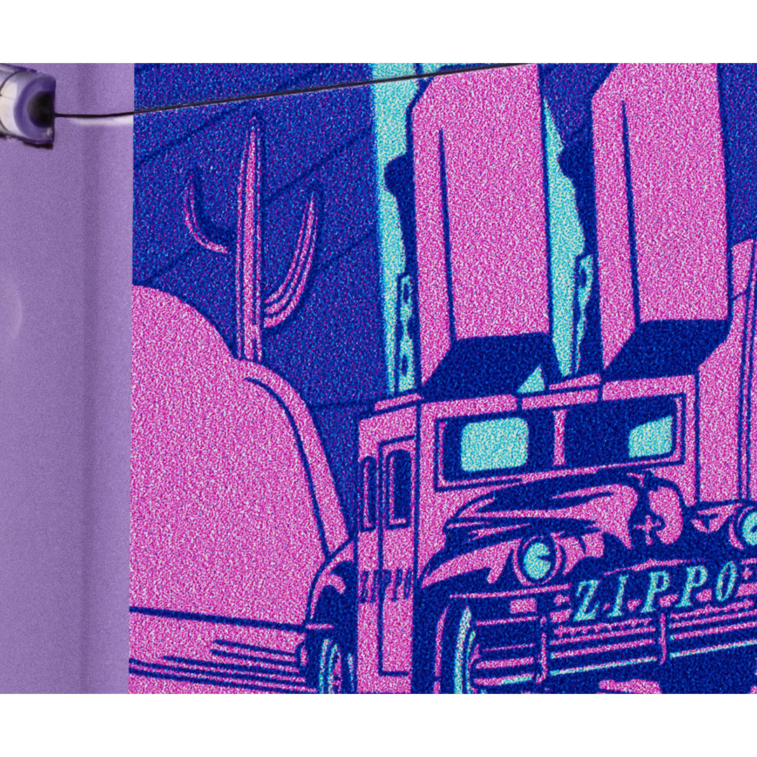 Front view of Zippo Car Chase Design Smoky Lavender Windproof Lighter close up to show the detail of the lighter.