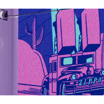 Front view of Zippo Car Chase Design Smoky Lavender Windproof Lighter close up to show the detail of the lighter.