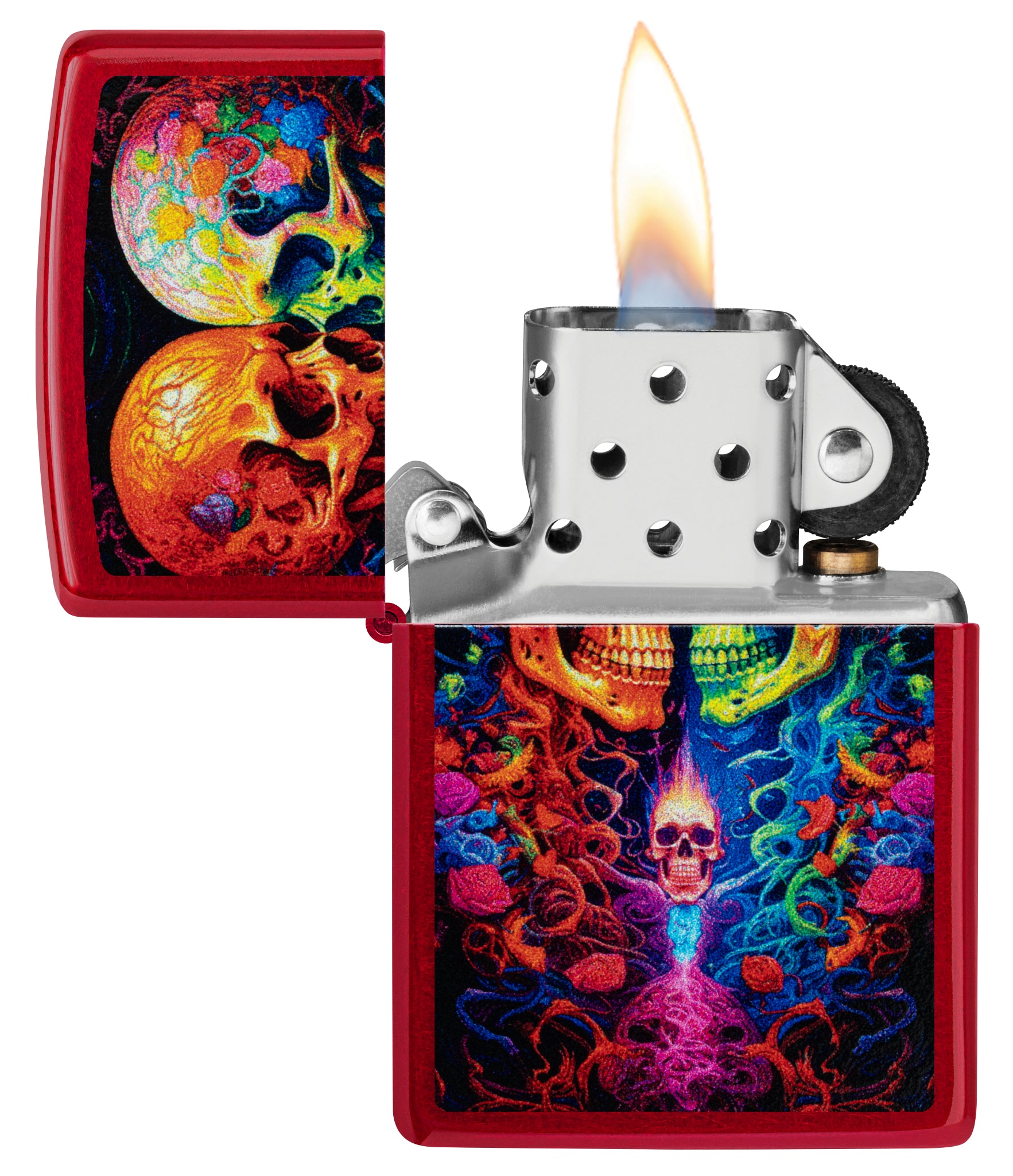 Zippo Candy Skulls Design Candy Apple Red Windproof Lighter with its lid open and lit.
