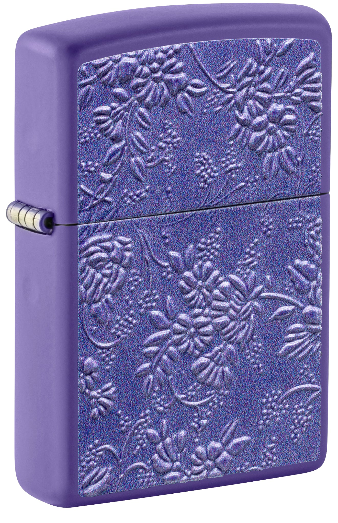 Front shot of Zippo Texture Bouquet Design Purple Matte Windproof Lighter standing at a 3/4 angle.