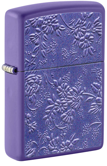 Front shot of Zippo Texture Bouquet Design Purple Matte Windproof Lighter standing at a 3/4 angle.
