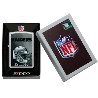 Zippo NFL Las Vegas Raiders Helmet Design Street Chrome Windproof Lighter in its packaging.