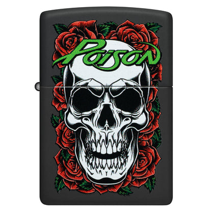 Front view of Zippo Poison Skull and Roses Design Black Matte Windproof Lighter.