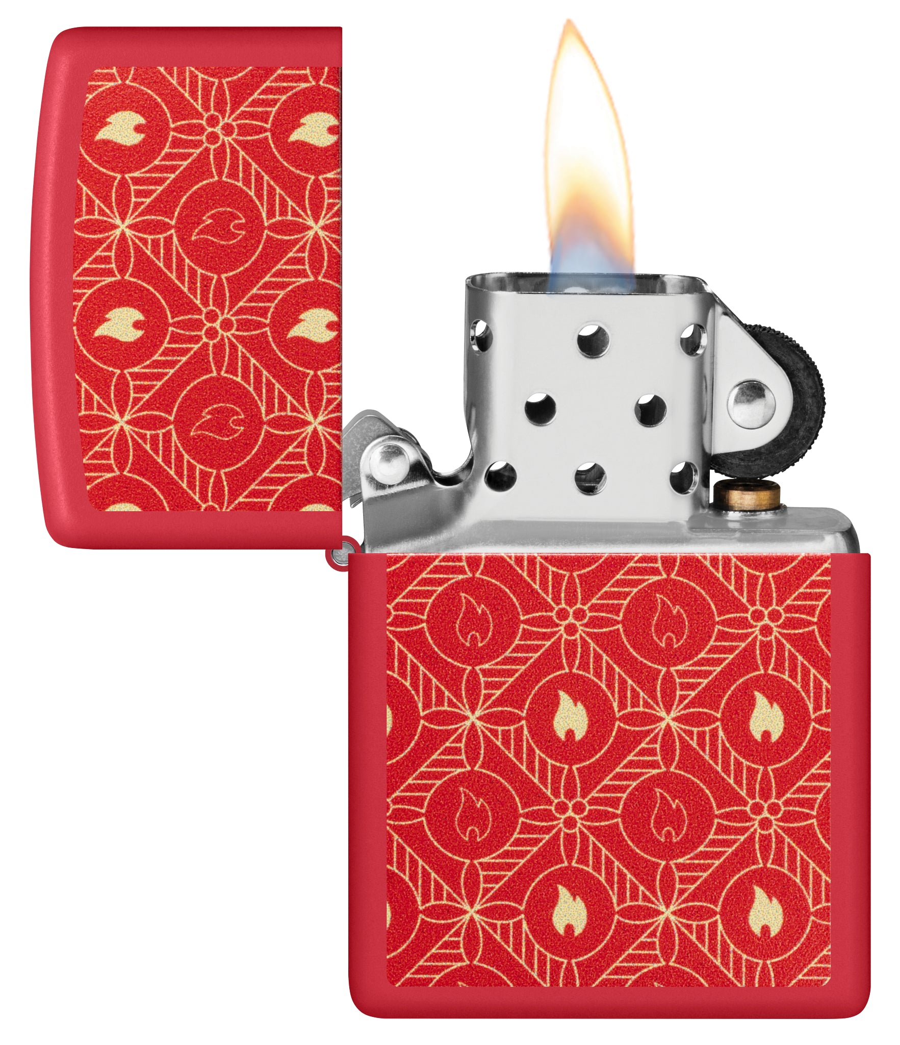 Zippo Festive Flame Design Red Matte Windproof Lighter with its lid open and lit.