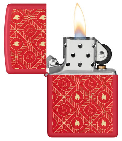 Zippo Festive Flame Design Red Matte Windproof Lighter with its lid open and lit.