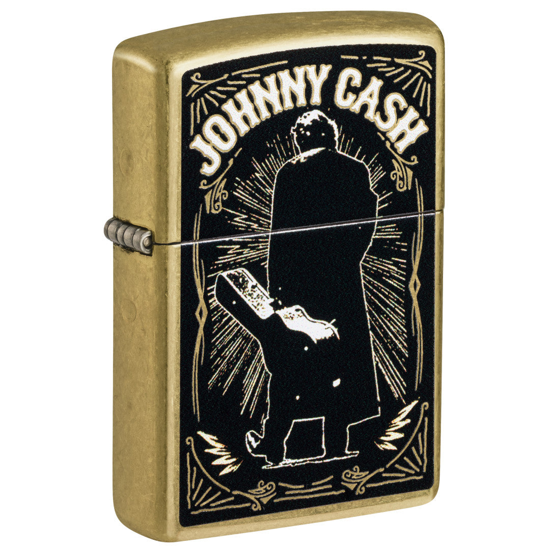 Front shot of Zippo Johnny Cash Walk Design Street Brass Windproof Lighter standing at a 3/4 angle.