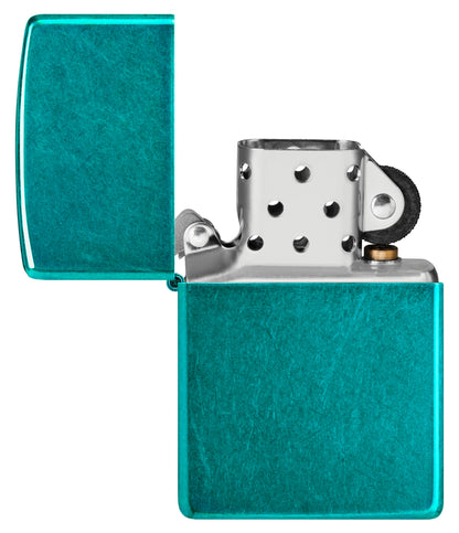 Zippo Classic Candy Teal Windproof Lighter with its lid open and unlit.