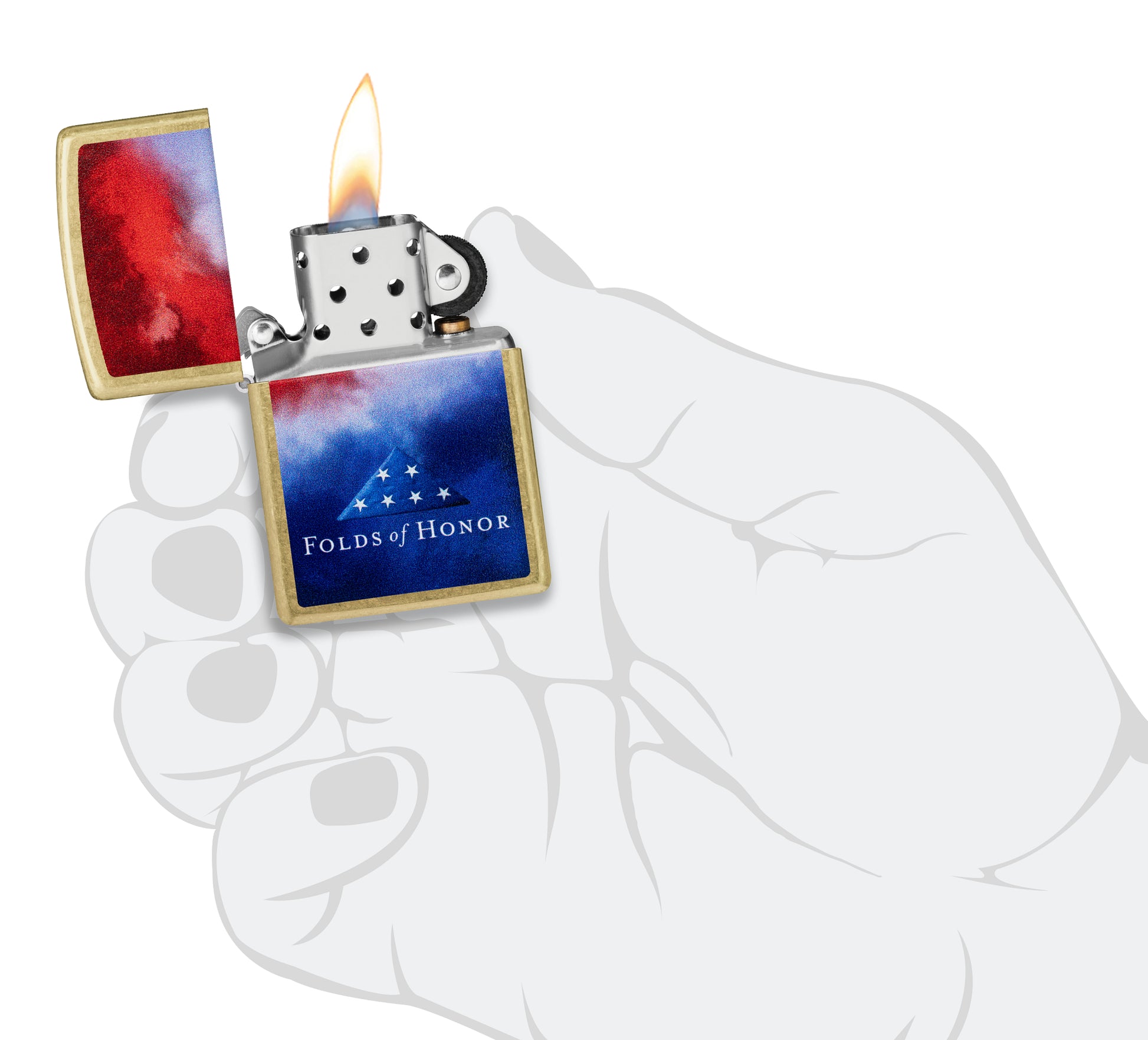 Zippo Folds of Honor Clouds Design Street Brass Windproof Lighter lit in hand.