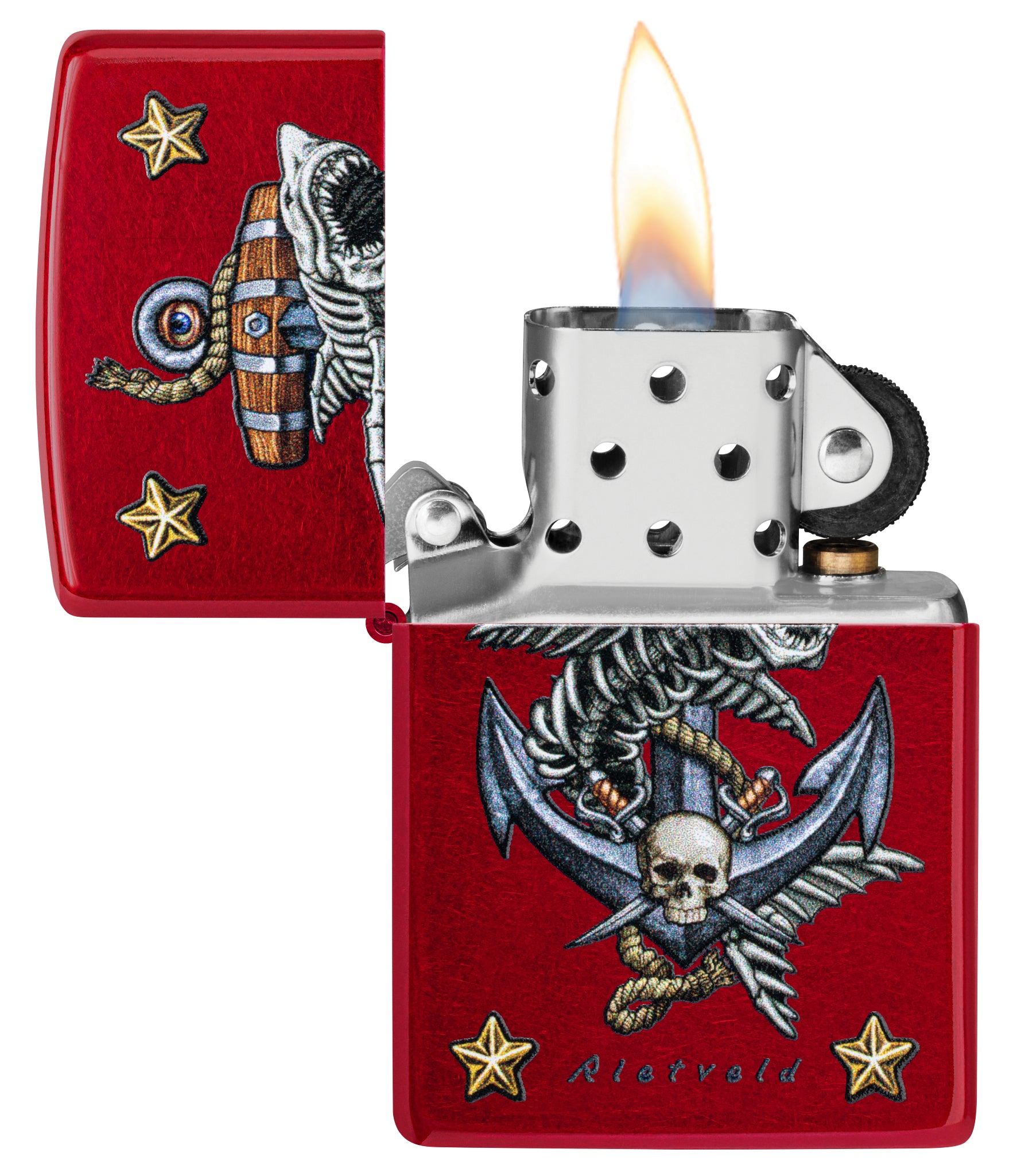 Zippo Rietveld Anchor Design Candy Apple Red Windproof Lighter with its lid open and lit.