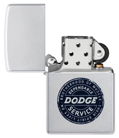Zippo Dodge Service Sign Satin Chrome Windproof Lighter with its lid open and unlit.