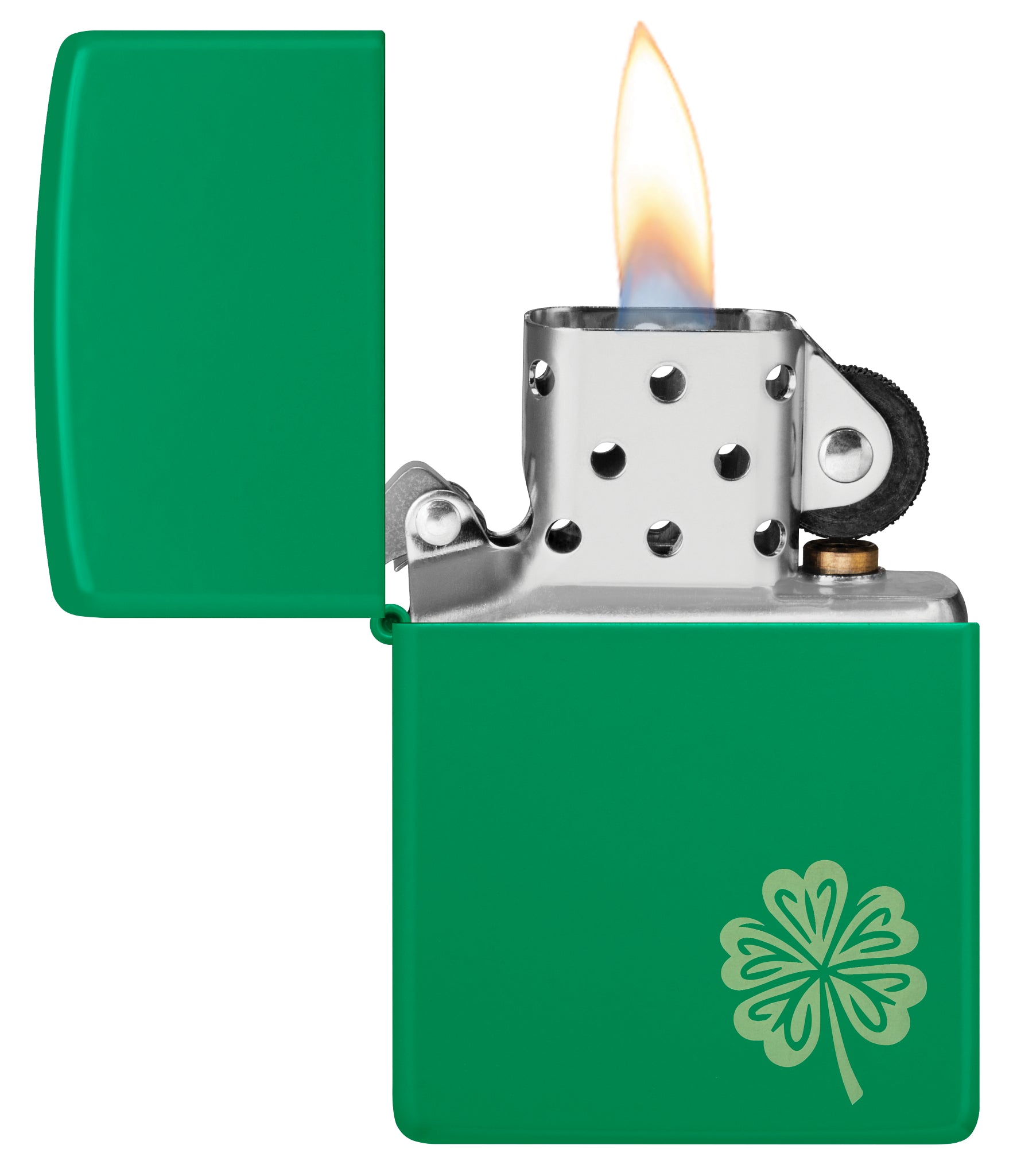 Zippo Lucky Clover Design Grass Green Matte Windproof Lighter with its lid open and lit.