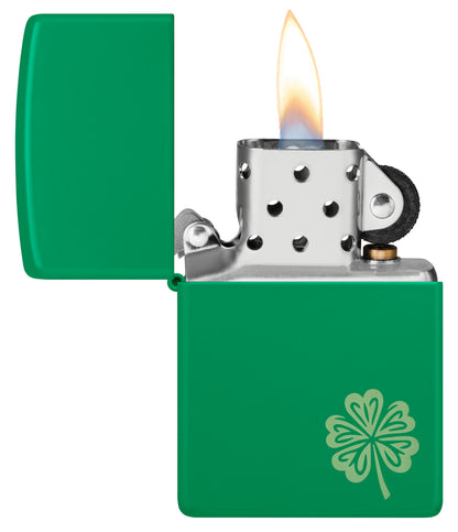 Zippo Lucky Clover Design Grass Green Matte Windproof Lighter with its lid open and lit.