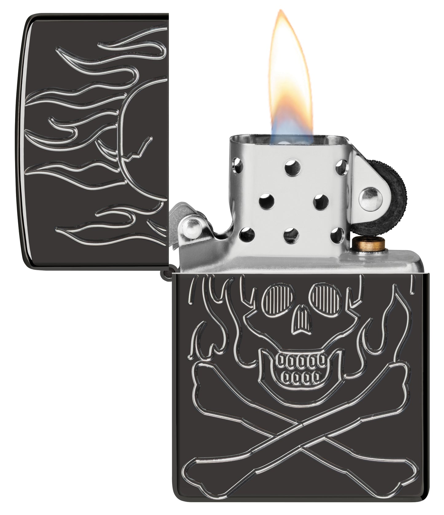 Zippo Flaming Skull Design Armor® High Polish Black Windproof Lighter with its lid open and lit.