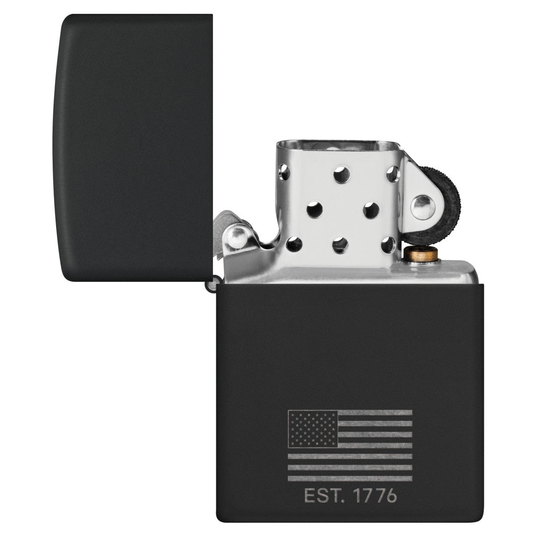 Zippo Because of the Brave Design Black Matte with Chrome Windproof Lighter with its lid open and unlit.