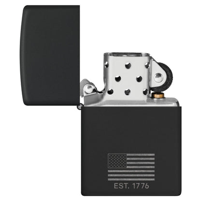 Zippo Because of the Brave Design Black Matte with Chrome Windproof Lighter with its lid open and unlit.