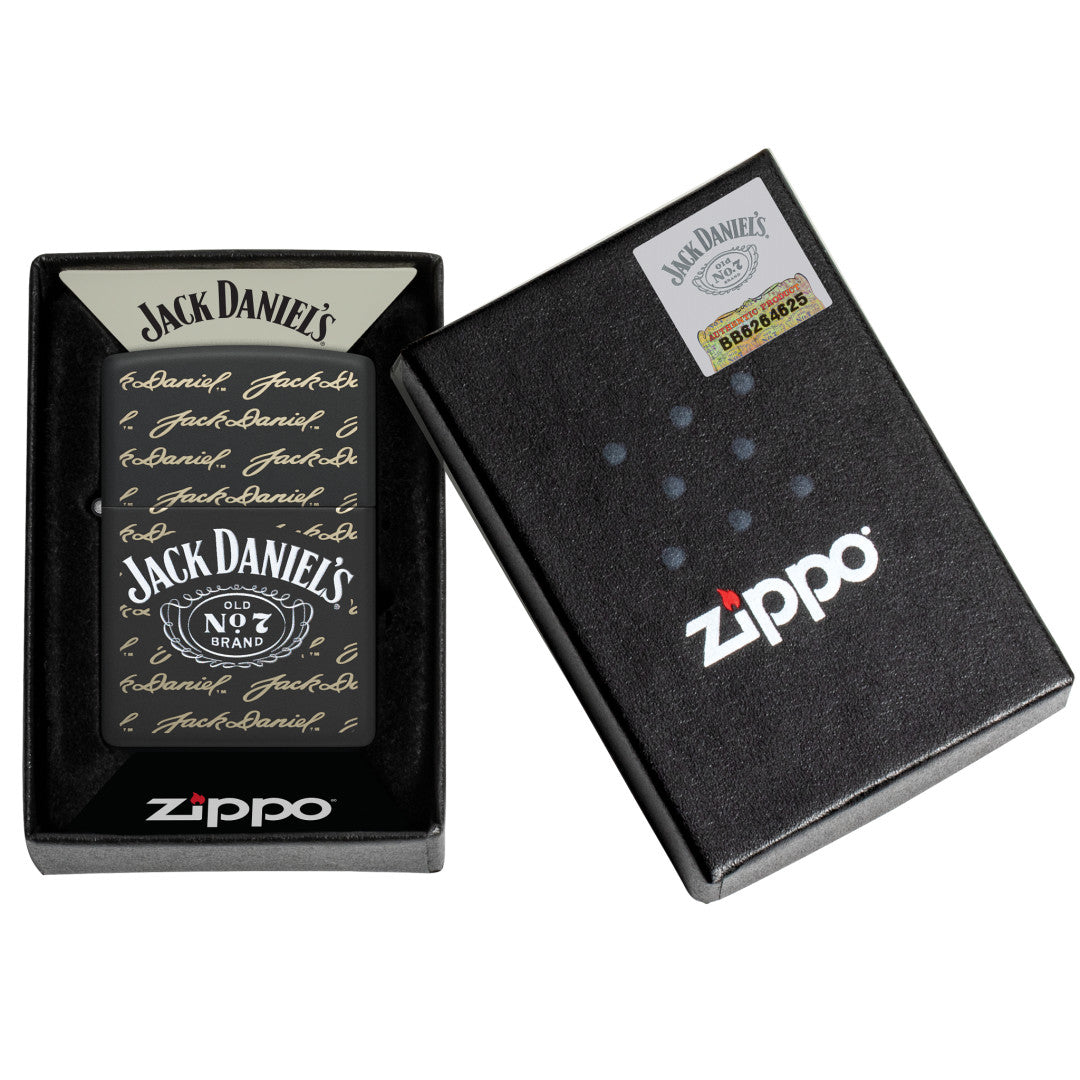 Zippo Jack Daniel's Signature Design Black Matte Windproof Lighter in its packaging.