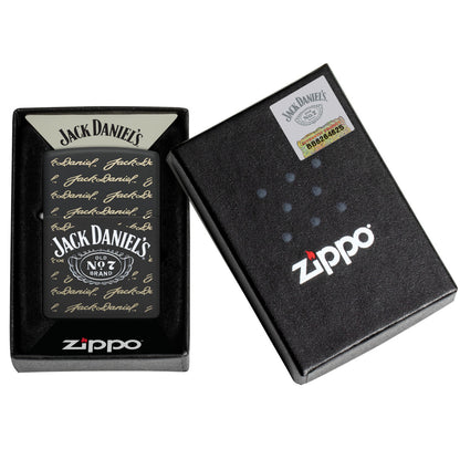 Zippo Jack Daniel's Signature Design Black Matte Windproof Lighter in its packaging.