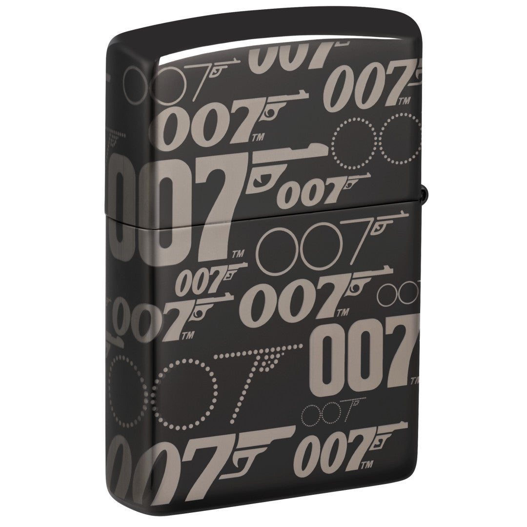 Back view of Zippo James Bond 007™ Logo Design High Polish Black Windproof Lighter standing at a 3/4 angle.