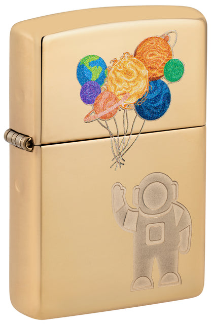 Front shot of Zippo Liftoff Design High Polish Brass Windproof Lighter standing at a 3/4 angle.