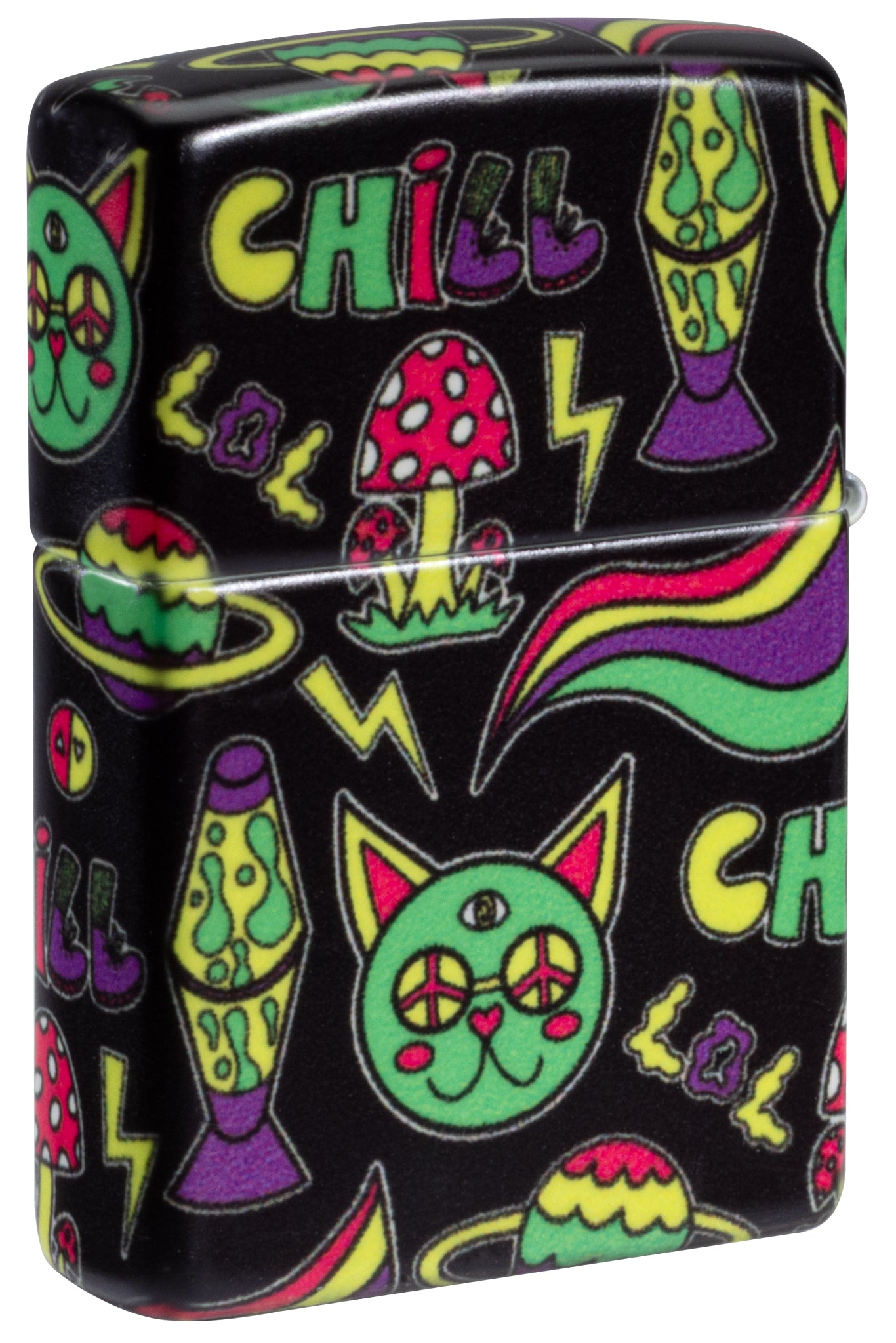 Back view of Zippo Glowing Chill Design Glow-in-the-Dark Green Windproof Lighter standing at a 3/4 angle.