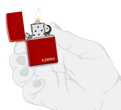 Classic Metallic Red Zippo Logo Windproof Lighter lit in hand.