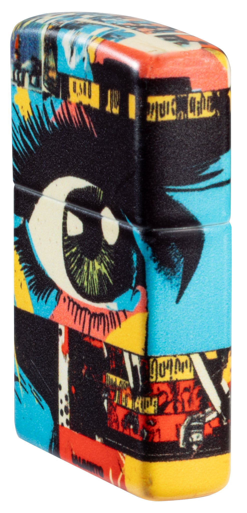 Angled shot of  Zippo Eye See You Design 540 Matte Windproof Lighter showing the front and non-hinge side of the lighter.