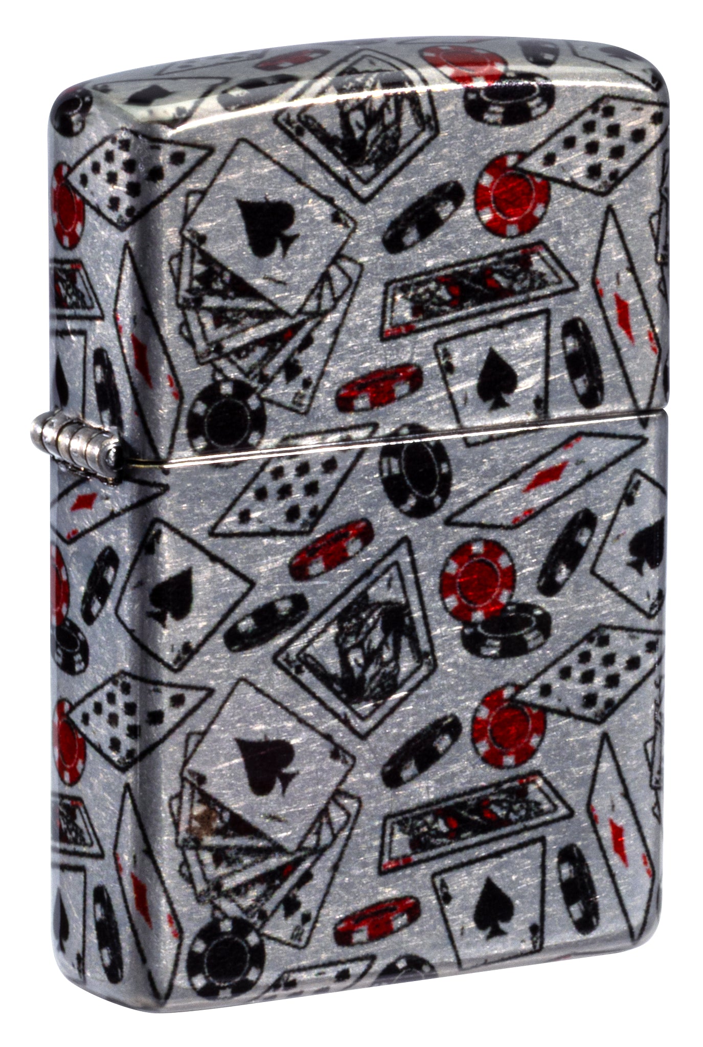 Front shot of Zippo Let the Chips Fall Design 540 Tumbled Chrome Windproof Lighter standing at a 3/4 angle.