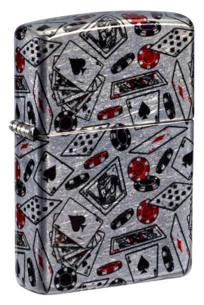 Front shot of Zippo Let the Chips Fall Design 540 Tumbled Chrome Windproof Lighter standing at a 3/4 angle.