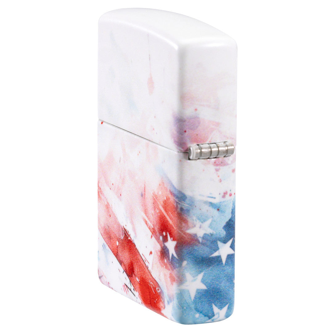 Angled shot of  Zippo Watercolor Flag Design 540 Matte Windproof Lighter showing the back and hinge side of the lighter.