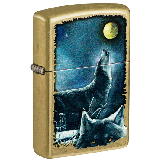 Front shot of Zippo Wolf Song Design Street Brass Windproof Lighter standing at a 3/4 angle.