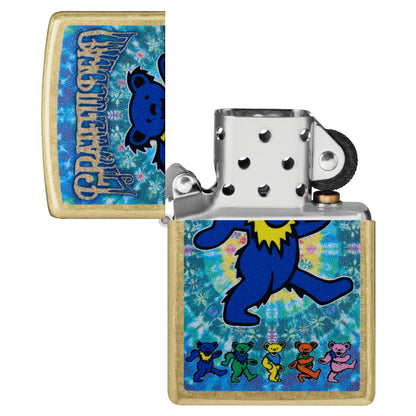 Zippo Grateful Dead Dancing Bears Design Street Brass Windproof Lighter with its lid open and unlit.